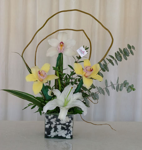 15 orquideas y casablana en base de vidrio con piedritas