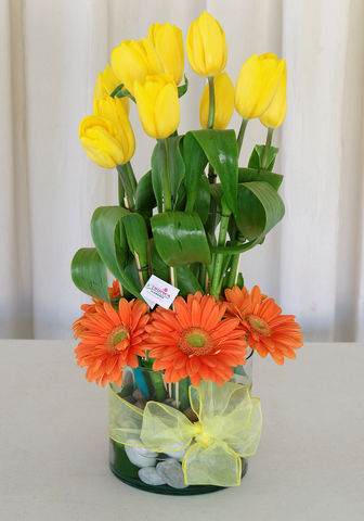 32 tulipanes y gerberas en base de vidrio